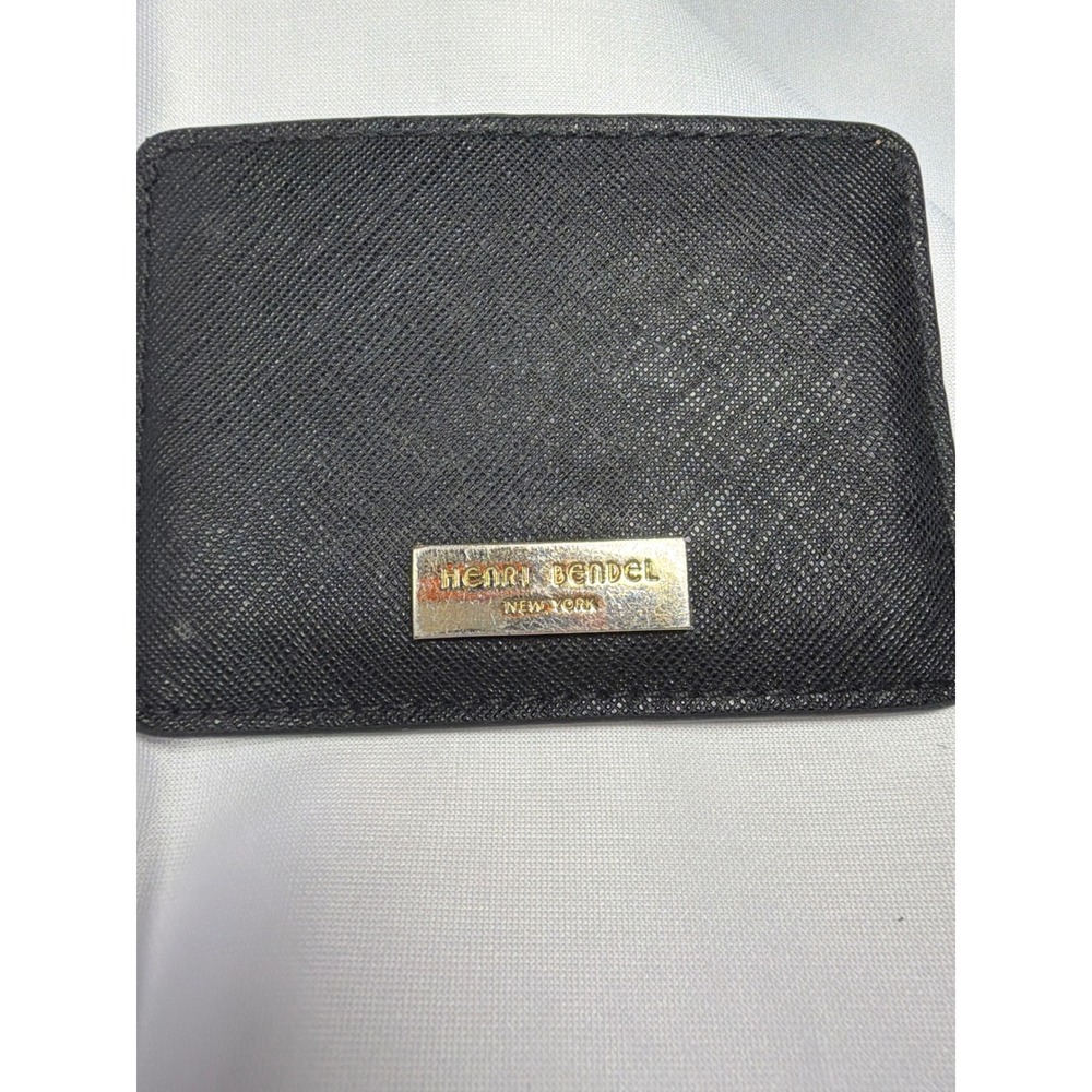 Henri Bendel Saffiano Leather Card Holder Wallet‎ Mens OS Black Gold Logo Slim